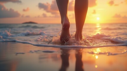 Woman Walking Along Shoreline At Sunset.