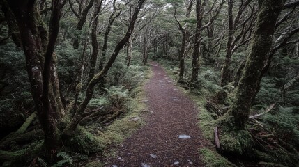 A deep forest path covered in earthy brown leaves and soft moss highlights
