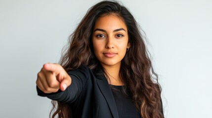 Fototapeta premium Young Woman With Long Brown Hair Points Directly Forward