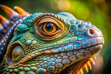 Fototapeta premium Close-up Iguana Head, Detailed Reptile Portrait, Bokeh Background, Vivid Colors, Exotic Wildlife