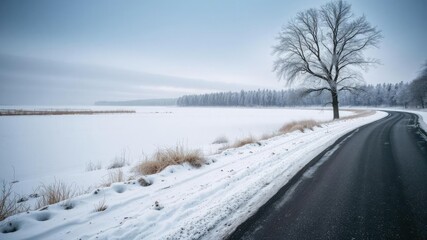 Obraz premium Winter forest covered in snow lining an asphalt concrete road stretching into the distance, creating a serene and picturesque scene, forest, seasonal