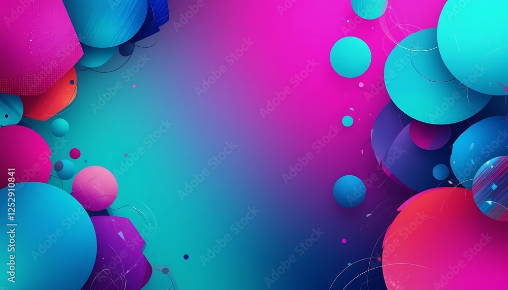 Poster abstract circular shapes on gradient background with vibrant teal and pink