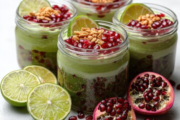 Transparent jar with avocado cream, lime slices, pomegranate seeds, and toasted seeds.