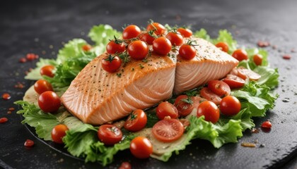 White wine sauce-covered salmon with cherry tomatoes and lettuce, white wine sauce, savory sauce, elegant dinner