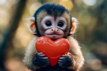 Fototapeta premium Cute capuchin baby with furry friend toy red heart on in a natural habitat. Ad animal concept art concept art. Capuchin - my preferred animal. Heartfelt animal moment. Cute furry romance.