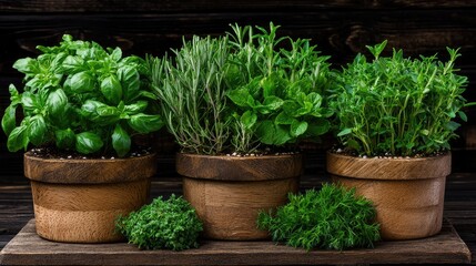 Fresh herbs in wooden pots on dark wood. Kitchen gardening