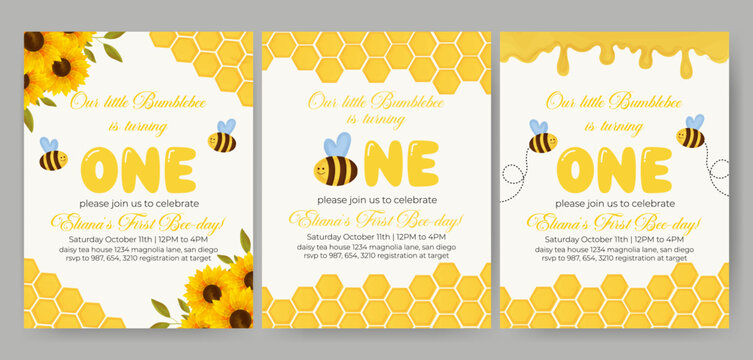Birthday invitation card vector template design. Bumblebee birthday Party theme with honey comb, honey and honey bee watercolor background.
