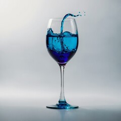 A modern, artistic wine glass filled with a neon blue liquid against a bright white background.