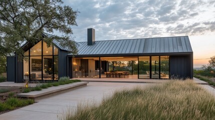 ranch with mixed siding and brick accents, clear sky above
