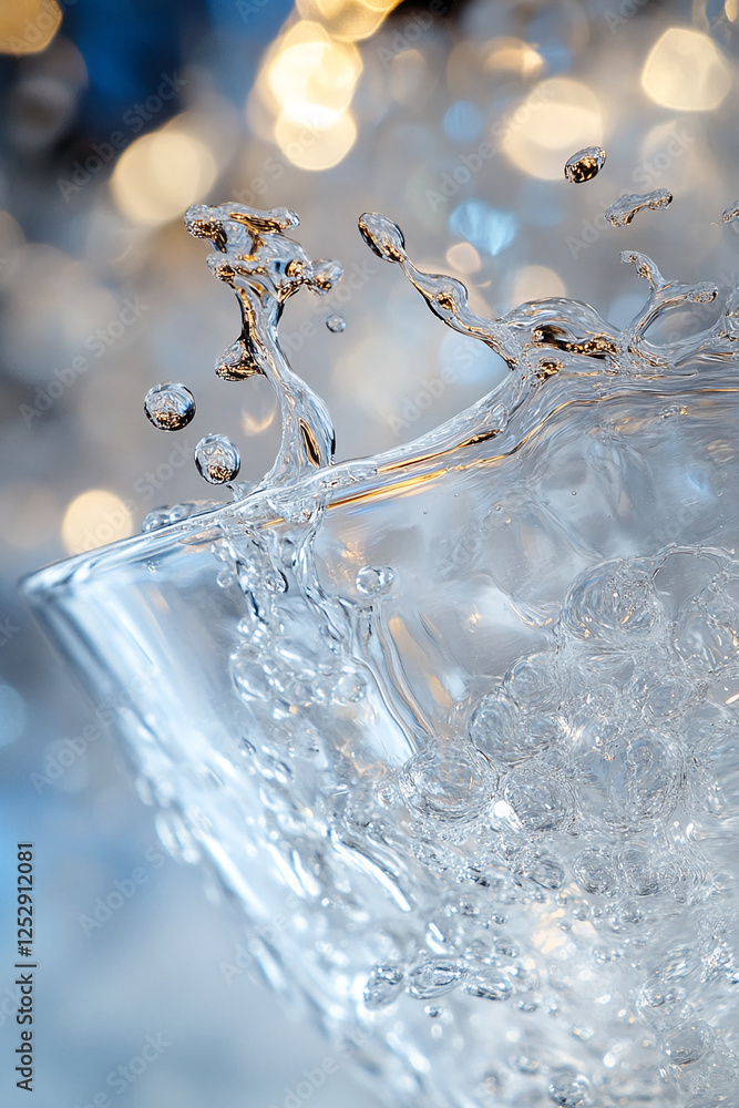 Poster close-up of water splashing and forming bubbles in a glass, creating a dynamic and refreshing visual