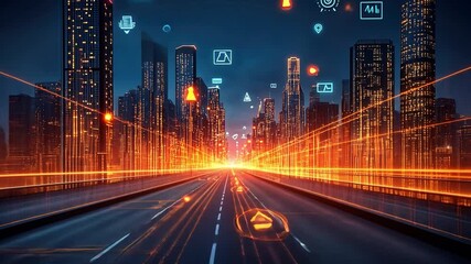 City of Tomorrow: A mesmerizing cityscape at night, glowing with neon lights and futuristic technology.  Interconnected digital icons cascade through the air.