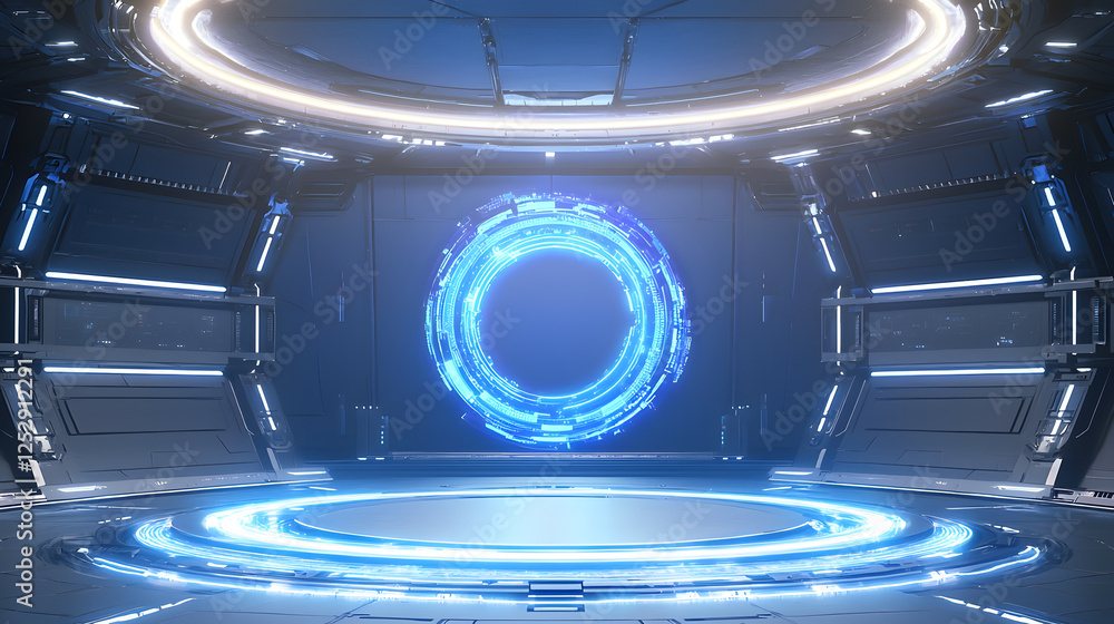 Poster futuristic portal activation sci-fi setting digital art space high-tech environment wide-angle persp
