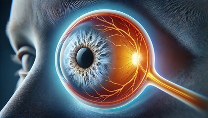 Detailed 3D illustration of a human eye focusing on the optic nerve and internal eye structures, highlighting the effects of glaucoma.