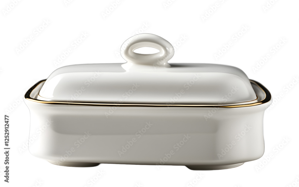 Aufkleber A stylish white ceramic butter dish with a matching lid on a empty plain background