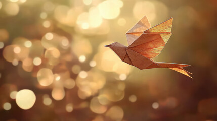 Origami bird with wings spread wide, crafted from textured paper, soars gracefully against warm, golden bokeh background, evoking sense of freedom and tranquility