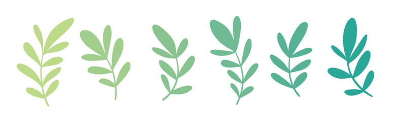 Simple vector set with isolated green leaves. Small hand drawn leaves on thin branches in shades of green. Botanical collection of simple plant silhouettes in green gradient. Vector illustration.
