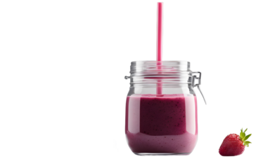 A transparent blender jar filled with fruit smoothie on a empty plain background