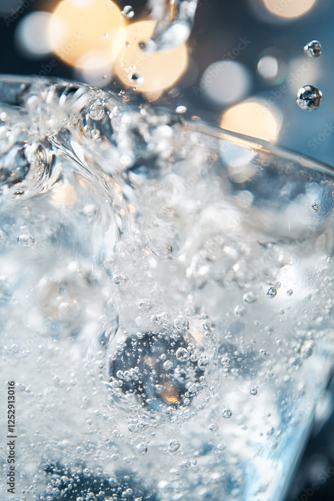 Poster close-up of water splashing from a glass with bubbles, capturing dynamic movement and clarity, symbo