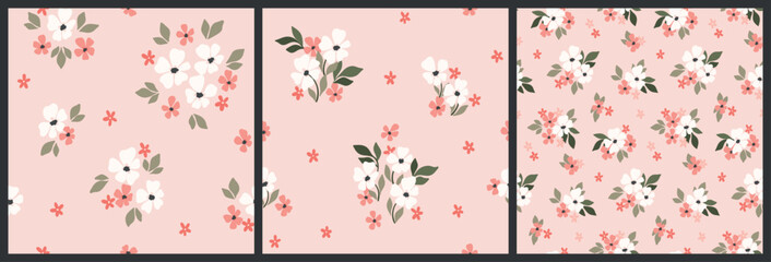 Seamless floral pattern, liberty ditsy print collection in delicate pastel colors. Pretty botanical design of small hand drawn daisy flowers, tiny leaves, simple bouquets on pink. Vector illustration. © Yulya i Kot