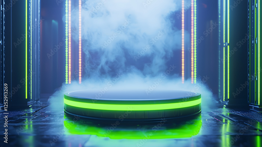 Poster dynamic stage setup with neon lights and fog futuristic venue visual presentation tech-infused envir