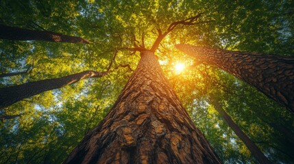 Sun-Drenched Canopy, Majestic Trees Reaching for the Golden Sky in Forest's Embrace