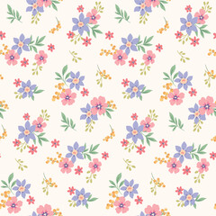 Seamless floral pattern, liberty ditsy print of simple hand drawn plants in romantic spring motif. Cute botanical design of small flowers, leaves, tiny bouquets in pastel colors. Vector illustration.