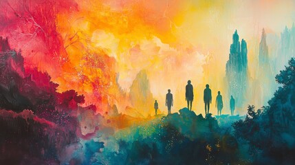 Colorful Abstract Landscape with Silhouettes of Figures Against a Vivid Sunset Over Mountains and Trees in an Artistic Style
