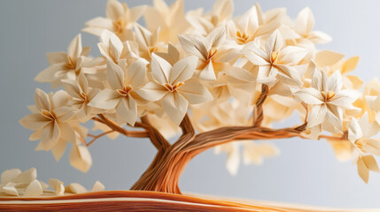 Origami tree with textured bark paper and delicate cream colored flowers, intricately crafted to resemble bonsai, set against soft gradient background for artistic and serene effect