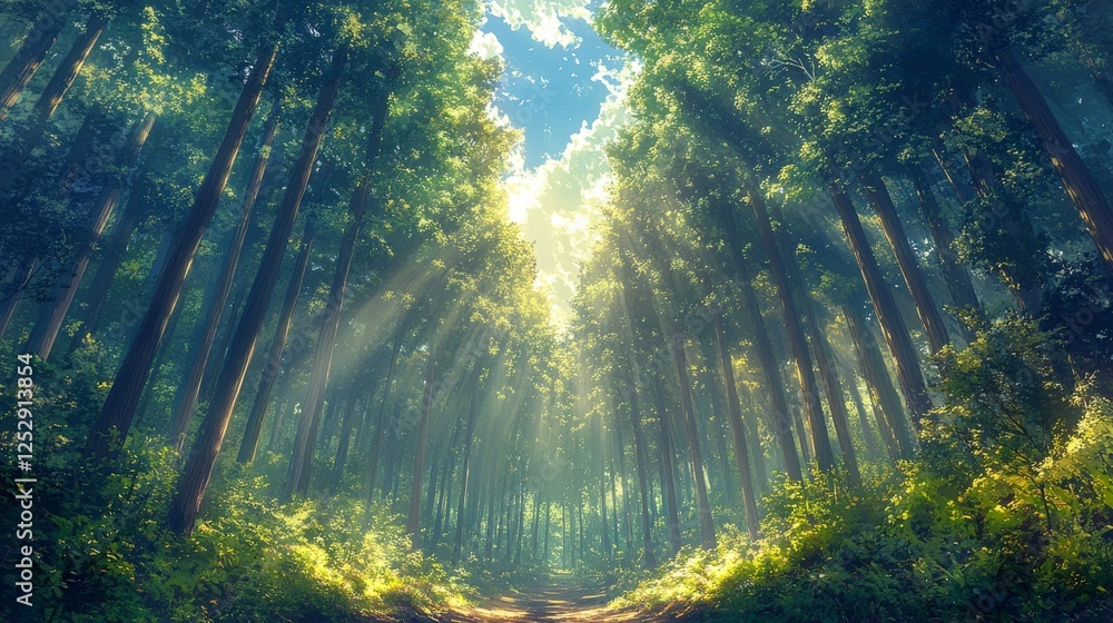 Poster sunlit forest canopy, a majestic view of towering trees reaching for the heavens with rays of light 