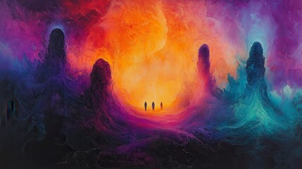 Obraz premium Surreal Landscape with Colorful Nebula and Silhouetted Figures Against a Vibrant Cosmic Background