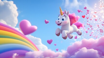 Playful unicorn soaring with hearts and rainbow in bright sky