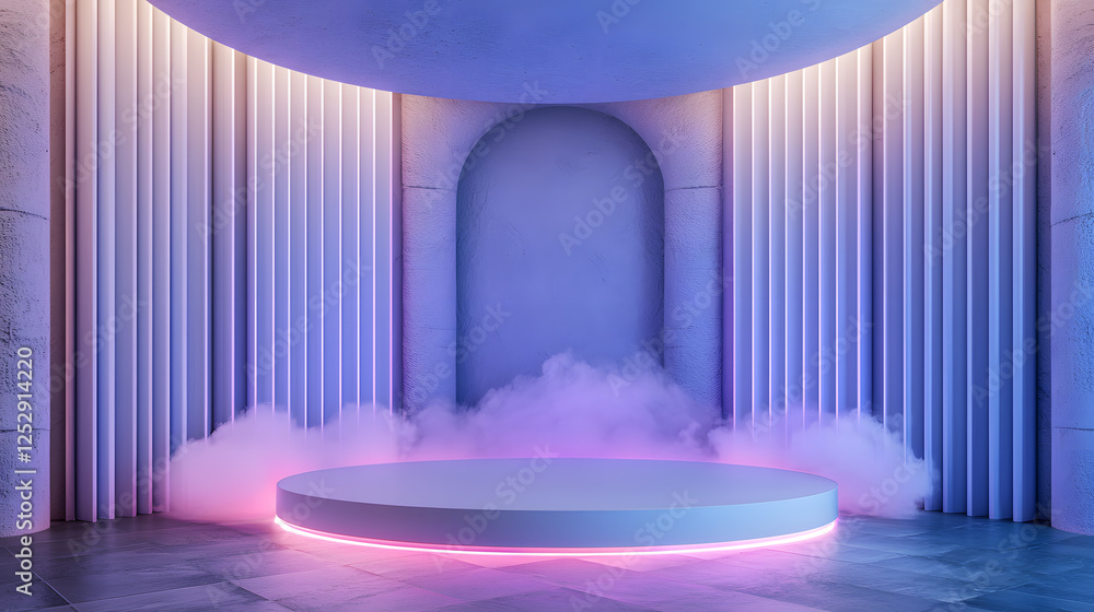 Poster illuminated stage setup with gradient lighting and mist effects in a modern studio environment