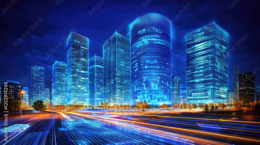 Poster a utopian urban environment with sleek ai-powered smart buildings and glowing data streams.