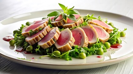 Thinly sliced veal on a bed of fresh greens with a rich tuna sauce made from canned tuna and herbs served in a elegant white plate , elegant, food