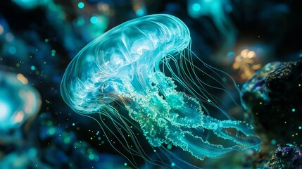 Raw photo of green and blue ghost jellyfish portrait