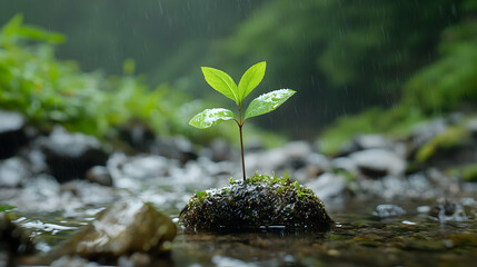 Sapling growing in stream, rain, forest