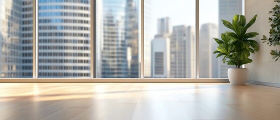 City view office, sunlit floor, plant