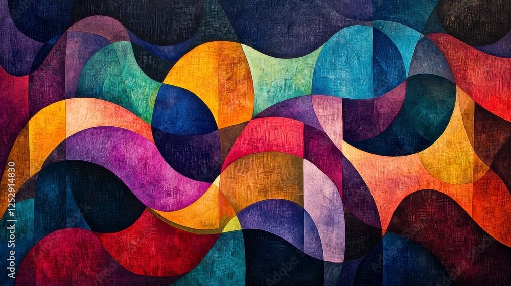 Poster vibrant geometric abstract art with colorful curves and textures on a dark background for modern int