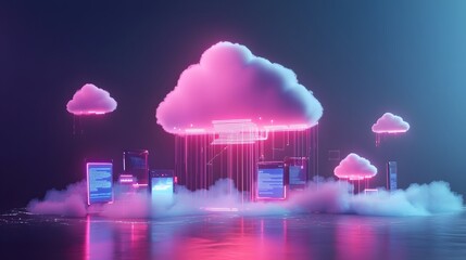 Digital Cloud Computing Environment with Neon Glow and Data Streams