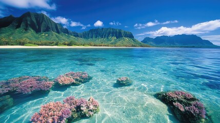 Fototapeta premium A vibrant shot of crystal-clear Hawaiian waters, with fine white sand stretching beneath the waves.