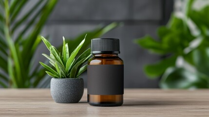 Amber glass bottle with black label on wooden table next to small plant