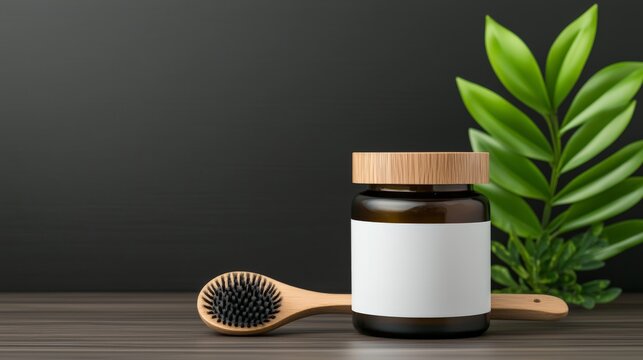Natural skincare packaging with brush and greenery on wooden surface