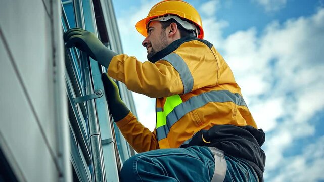 A diverse worker and his coworker are on a ladder in the warehouse, prepping a shipment.