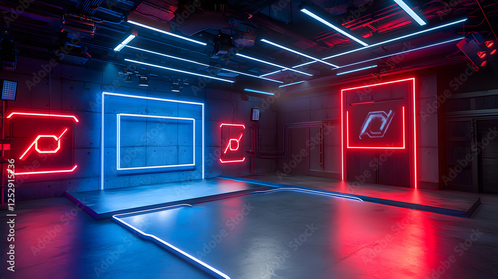 Poster dynamic digital studio space with neon lighting futuristic design multimedia environment high-tech v