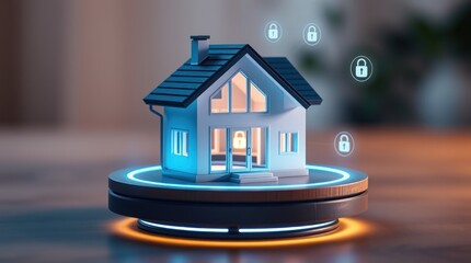 A modern smart home model with security features illuminated on a rotating display in a cozy setting