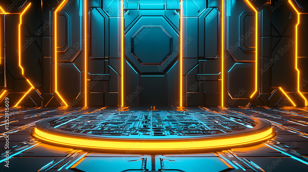 Poster futuristic neon experience virtual studio 3d render high-tech environment dynamic view innovation an