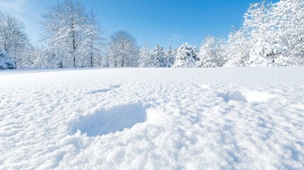 Obraz premium Snowy field, winter landscape, trees, bright sky, peaceful scene, nature