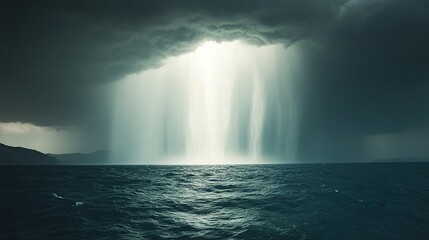 Ocean, storm, rain, light, beams, coastal, dramatic, dark, clouds, seascape