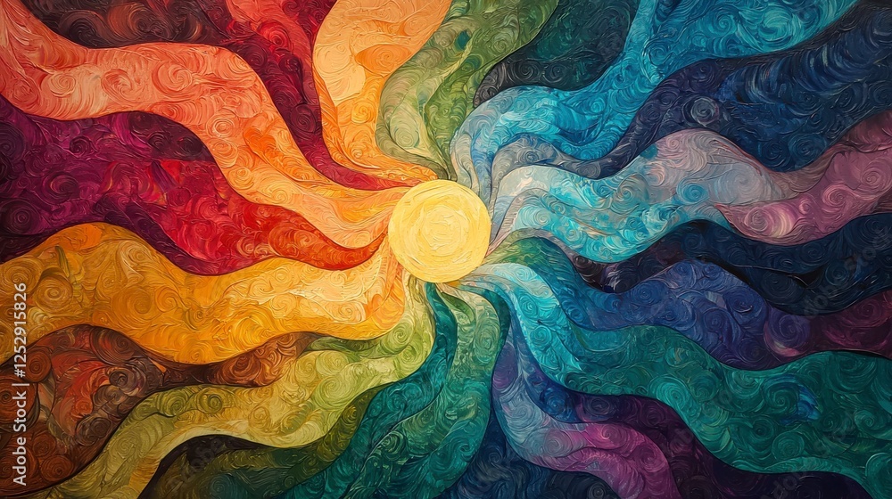 Poster vibrant swirling colors in abstract design representing energy and emotion with a central sunburst e