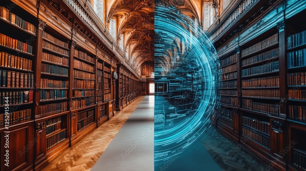 Poster a visually striking split-image showing a classic library on one side and a futuristic digital datab